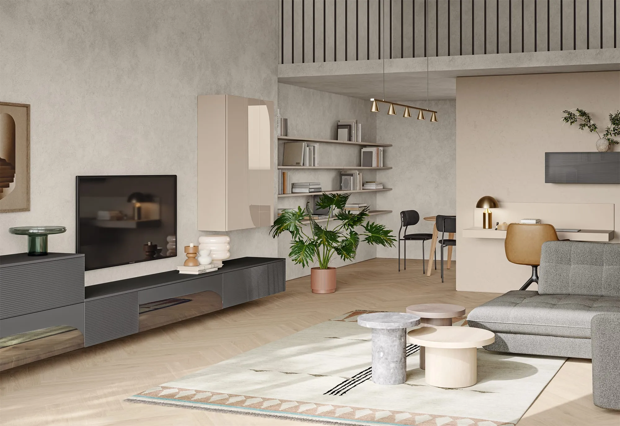 Living Eclettica con porta TV sospeso