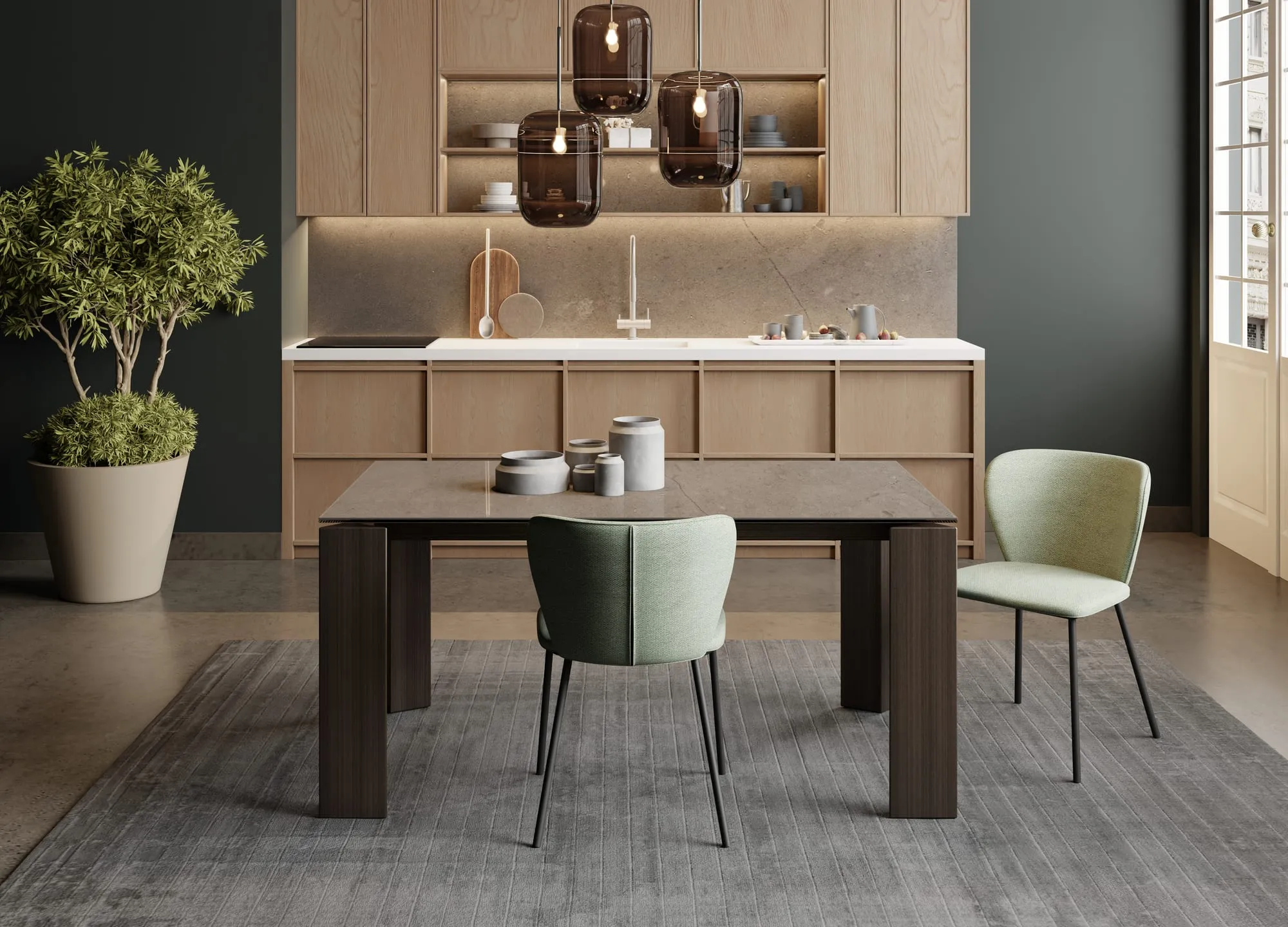 Tavolo in ceramica con gambe in legno