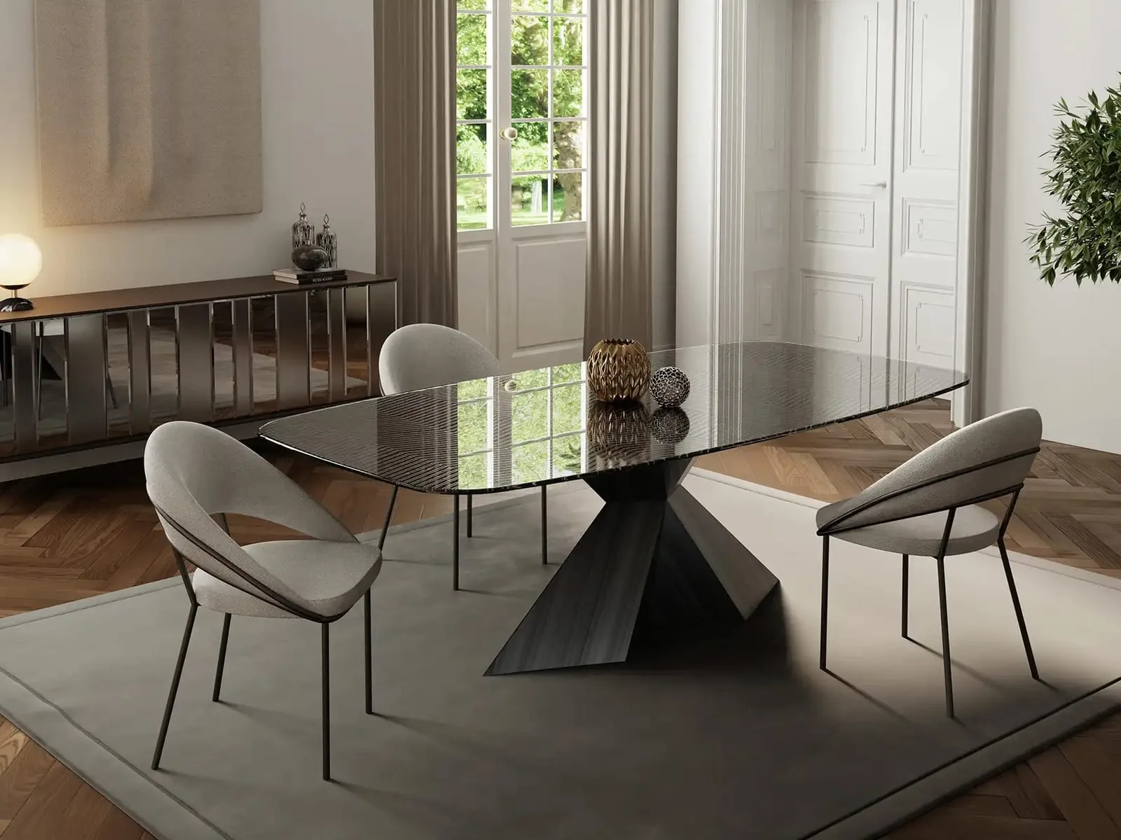 Tavolo con piano in vetro e base scultorea